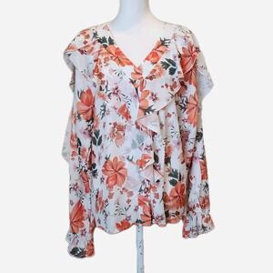 Mundefeis Floral Blouse Top Womens XL Orange White Office Work Feminine Boho NEW